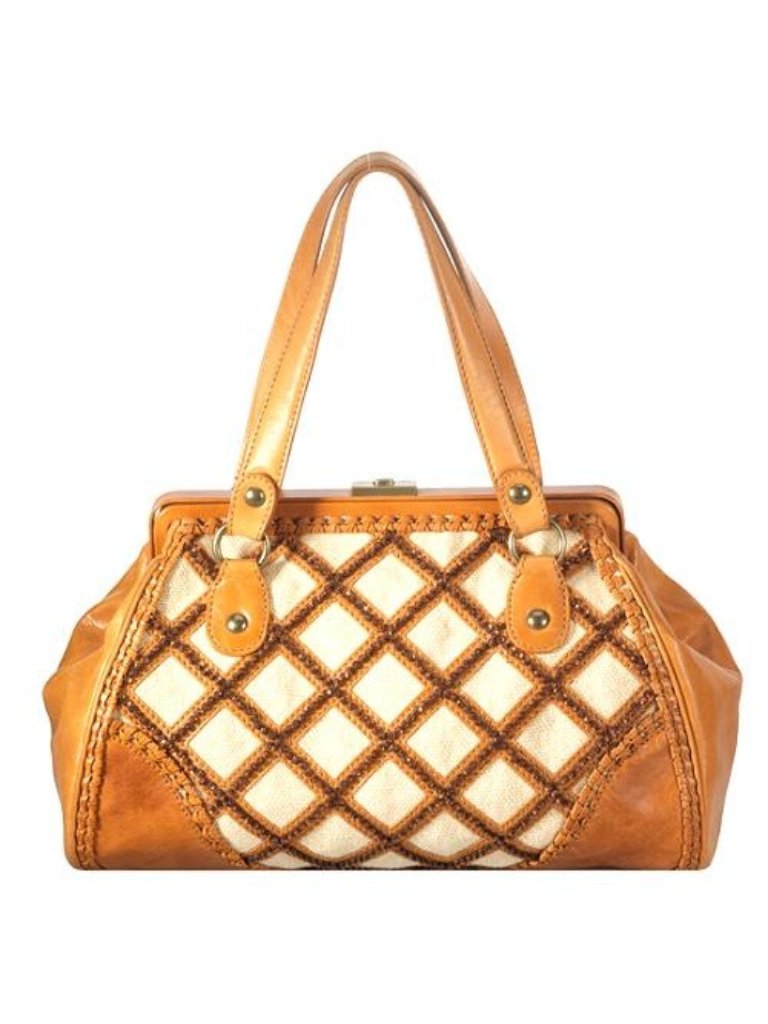 Vtg Isabella Fiore Starry Safari Wanda Beaded Satchel Handbag Leather Canvas